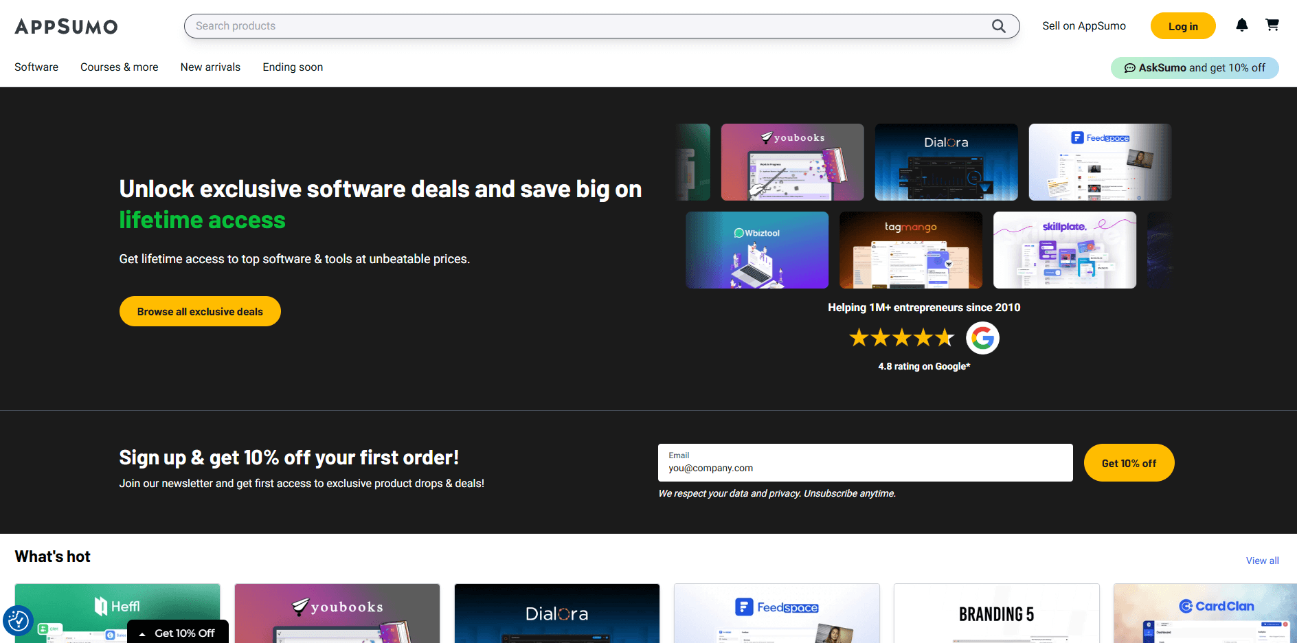 A person working on a laptop with the AppSumo logo visible, surrounded by icons of various software tools.