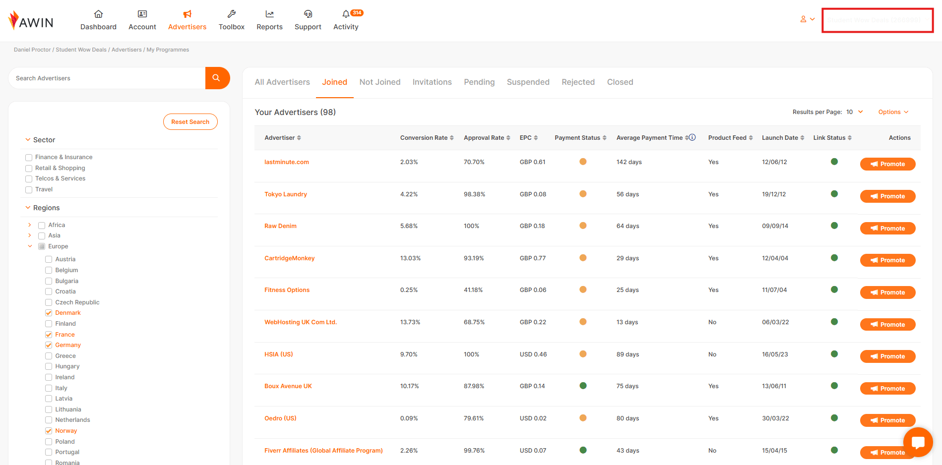 Awin publisher dashboard showing various tools and metrics